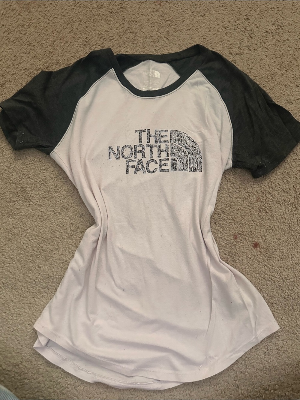 The North Face Women's White Tee with Black Raglan Sleeves and Logo